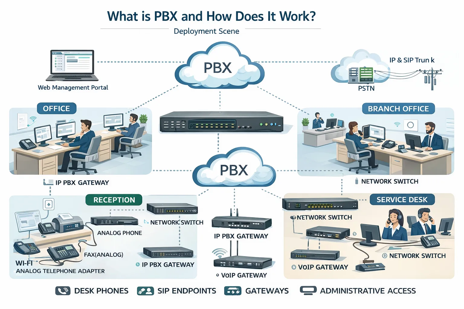 Cena de implantação do que é PABX e como funciona, cobrindo escritório, filial, recepção, balcão de atendimento com telefones de mesa, endpoints SIP, gateways e acesso administrativo