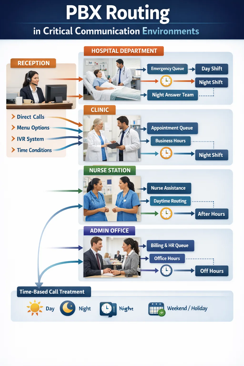 PBX Advantages for Critical Communication Environments routing example showing reception, departments, queues, and time-based call treatment across hospital, clinic, nurse station, administration office