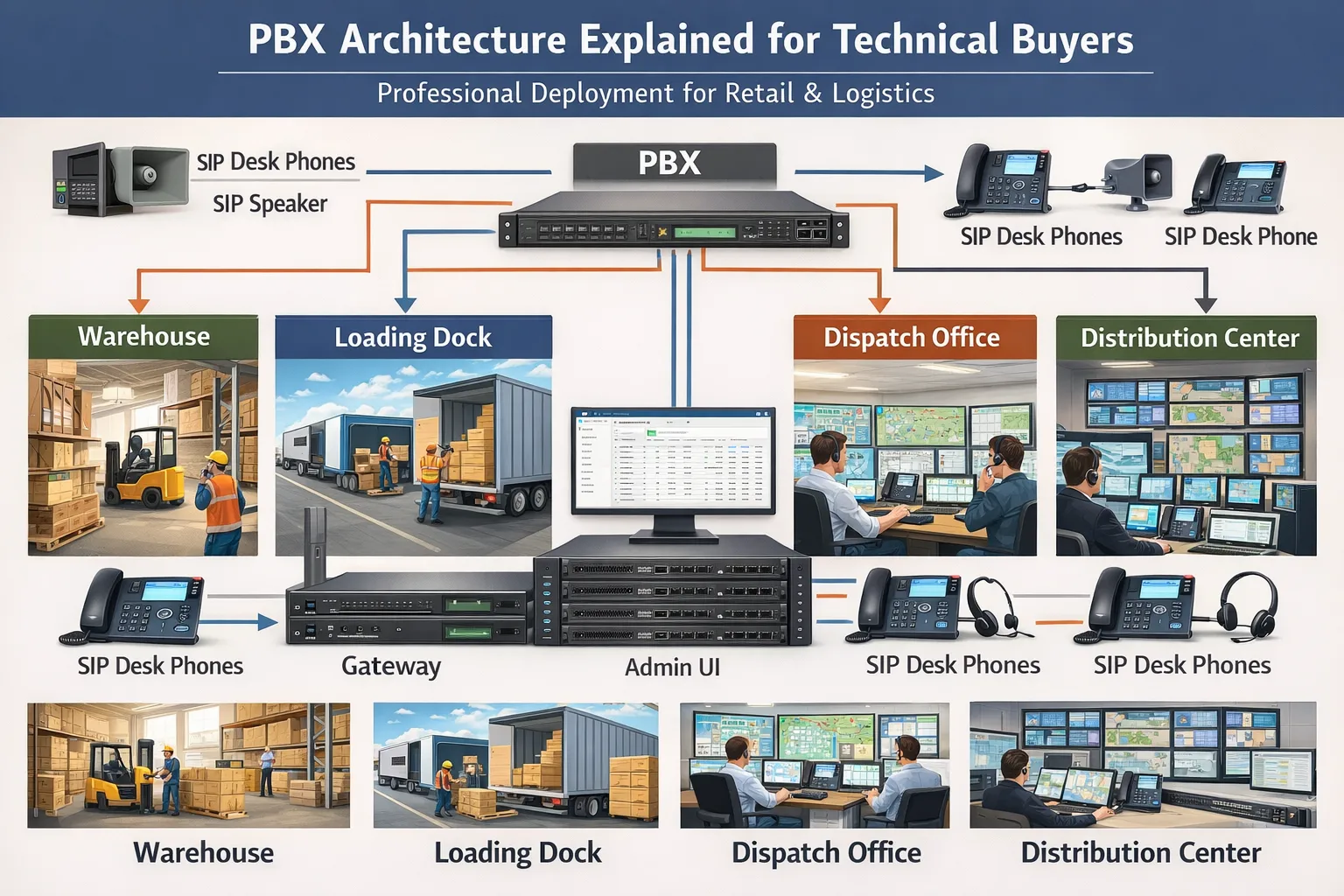 PBX Architecture Explained for Technical Buyers deployment scene covering warehouse, loading dock, dispatch office, distribution center with desk phones, SIP endpoints, gateways, and administrative access