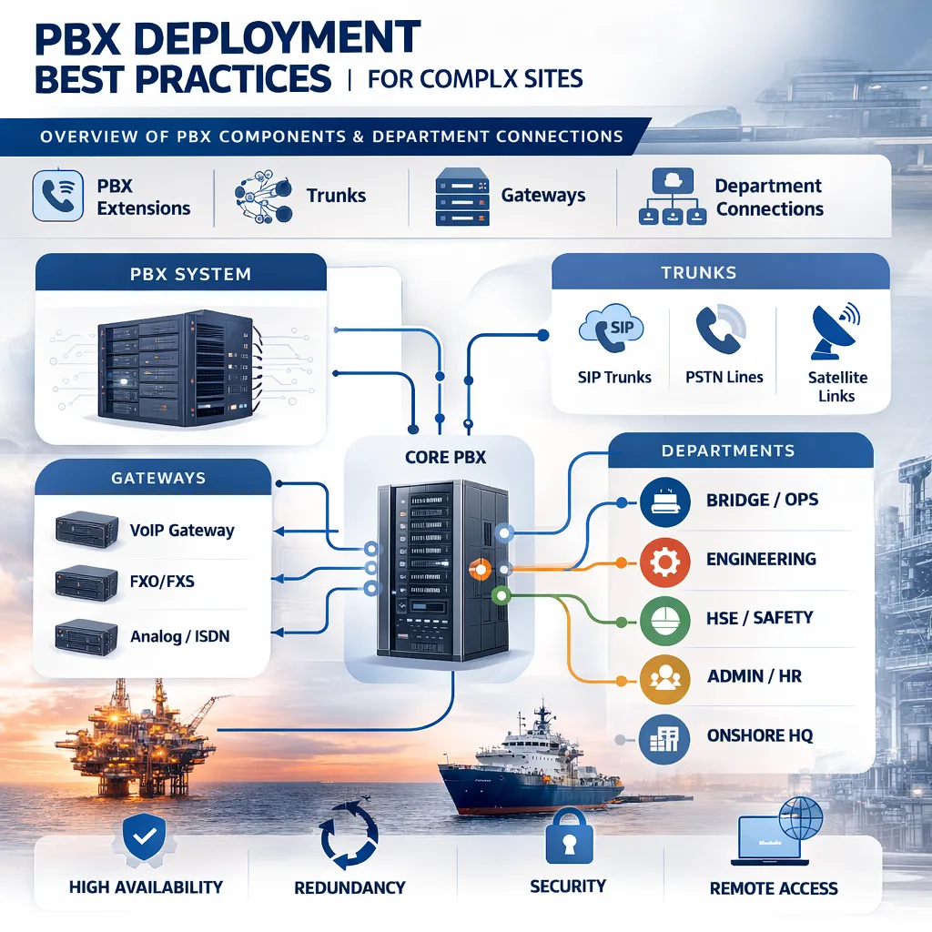 Visão geral de Práticas recomendadas para implementação de PBX em instalações complexas, mostrando ramais PBX, troncos, gateways e conexões departamentais em projetos marítimos e de energia