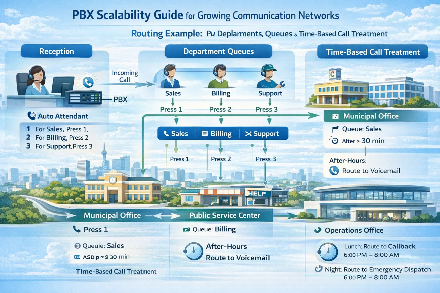 Exemplo de roteamento do Guia de Escalabilidade de PBX para Redes de Comunicação em Crescimento, mostrando recepção, departamentos, filas e tratamento de chamadas por horário em escritório municipal, centro de serviço público, ponto de auxílio rodoviário e escritório de operações