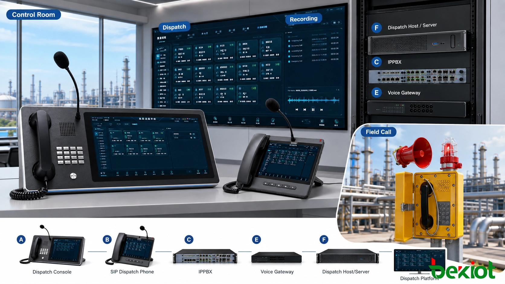 Sala de controle central de fábrica petroquímica usando um console de despacho para gerenciar chamadas de telefone à prova de explosão e registros de comunicação