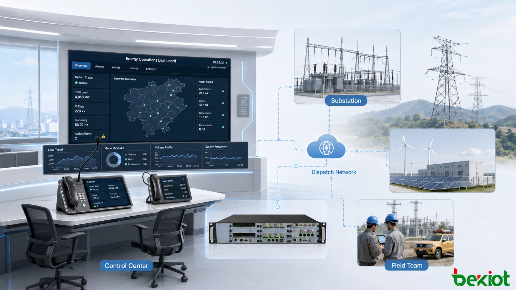 Arquitetura de um sistema de despacho de energia conectando um centro de controle a subestações, equipes de campo, terminais de comunicação, servidores e recursos de monitoramento