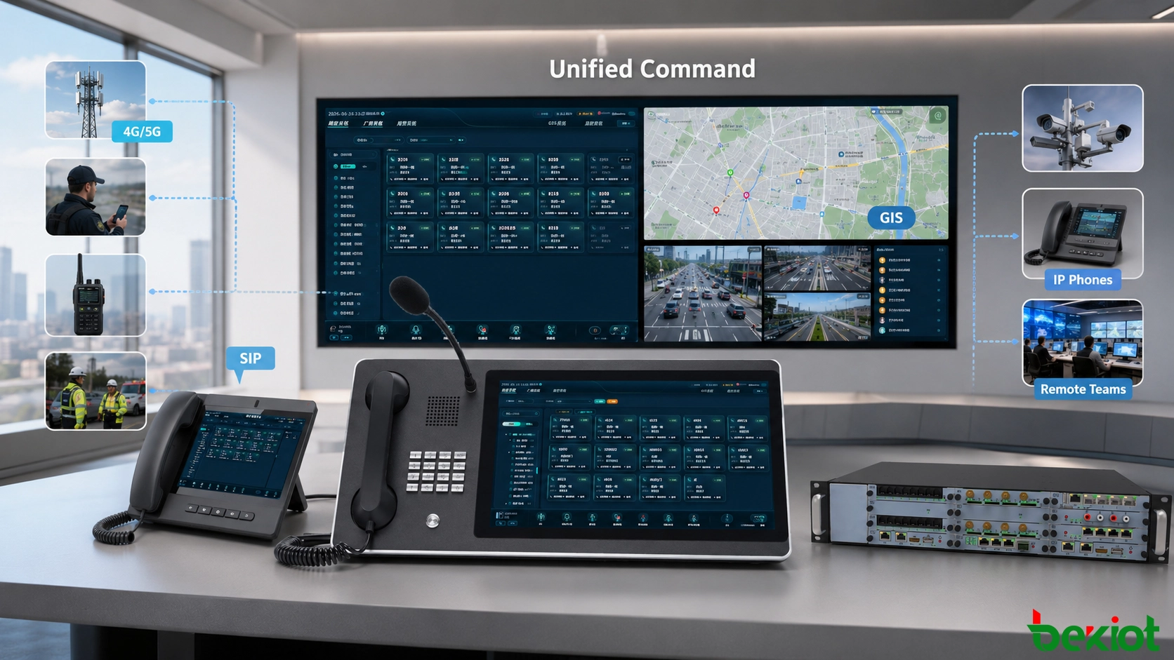 Arquitetura de console de despacho Android integrando um centro de controle com rádio privado, usuários móveis 4G e 5G, telefones, sistemas de vídeo, recursos GIS e equipes de campo