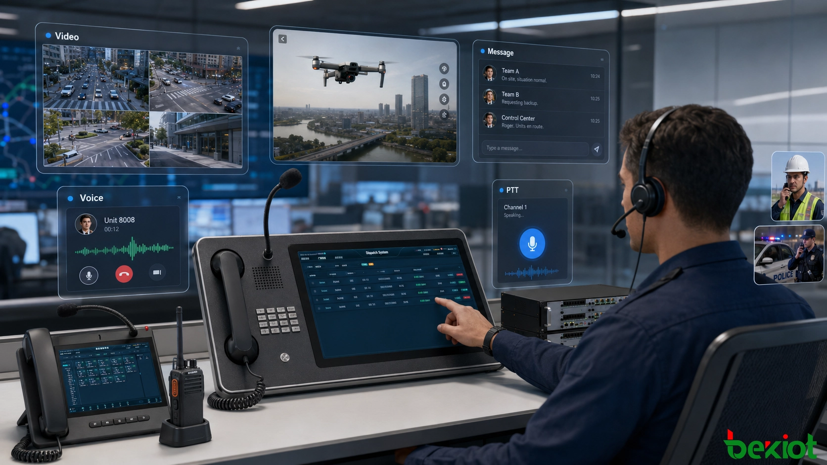Fluxo de trabalho de despacho integrado combinando rádio PTT, chamadas telefônicas, CCTV, drones, videoconferência, mensagens instantâneas e comunicação móvel de campo