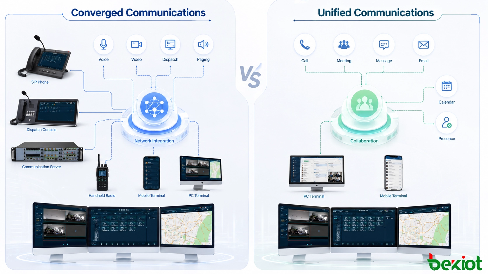 Comparação de arquitetura de comunicações convergentes e unificadas mostrando redes, serviços de multimédia, ferramentas de colaboração e terminais de utilizador