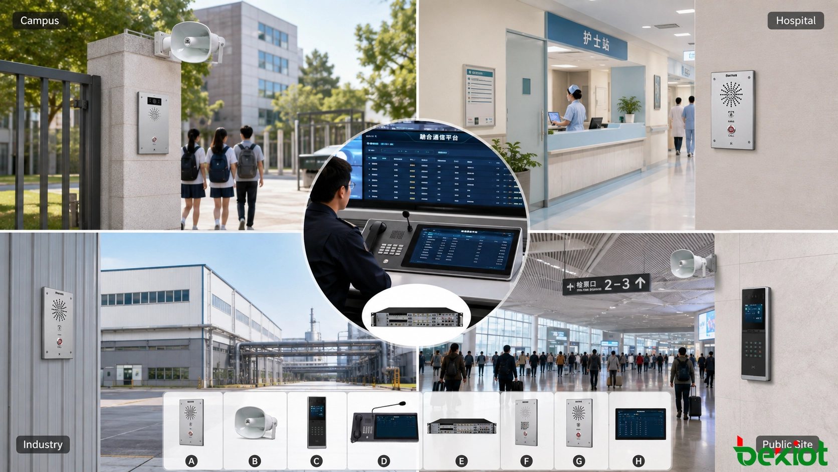 Aplicações de um sistema de intercomunicação por vídeo com difusão em escolas, hospitais, instalações industriais, campus, infraestruturas de transporte e áreas públicas