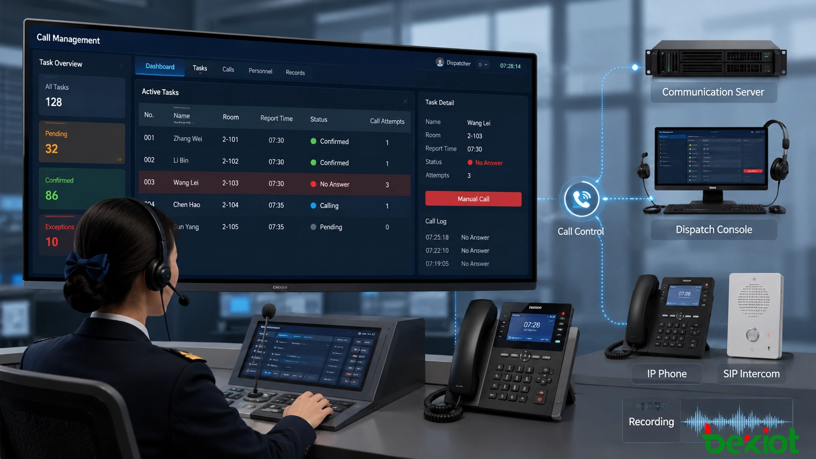 Arquitetura de integração de chamadas ferroviárias e despacho com servidor de comunicação, consola de despacho, telefone IP, intercomunicador SIP e funções de gravação