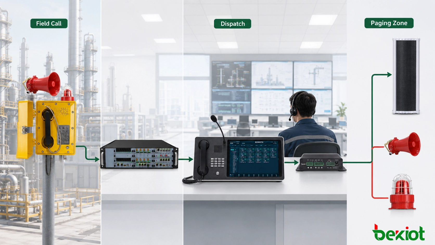 Telefone à prova de explosão conectado a um IP PBX, console de despacho, gateway de paging e alto-falantes industriais